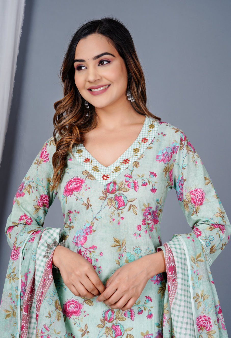 Green Colour Designer Printed Kurta with Pant and Dupatta