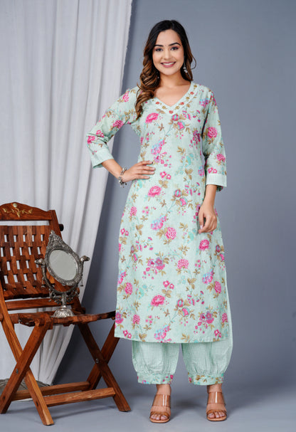 Green Colour Designer Printed Kurta with Pant and Dupatta