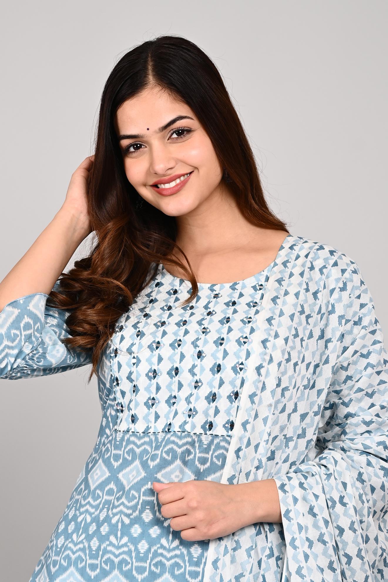 Skyblue Colour Designer Printed Kurta with Pant and Dupatta