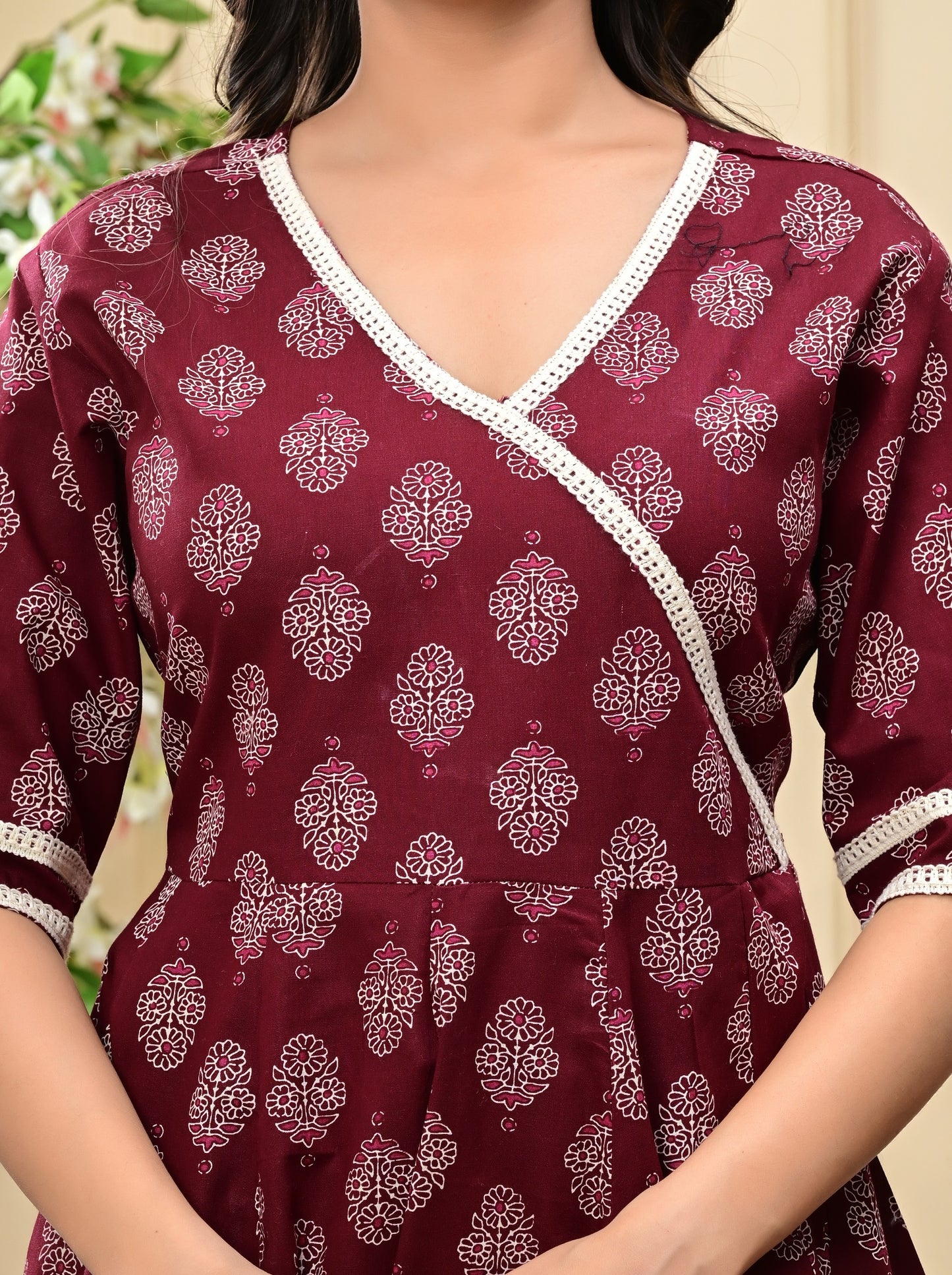 Women's Maroon Wrap Style Printed Cotton Top