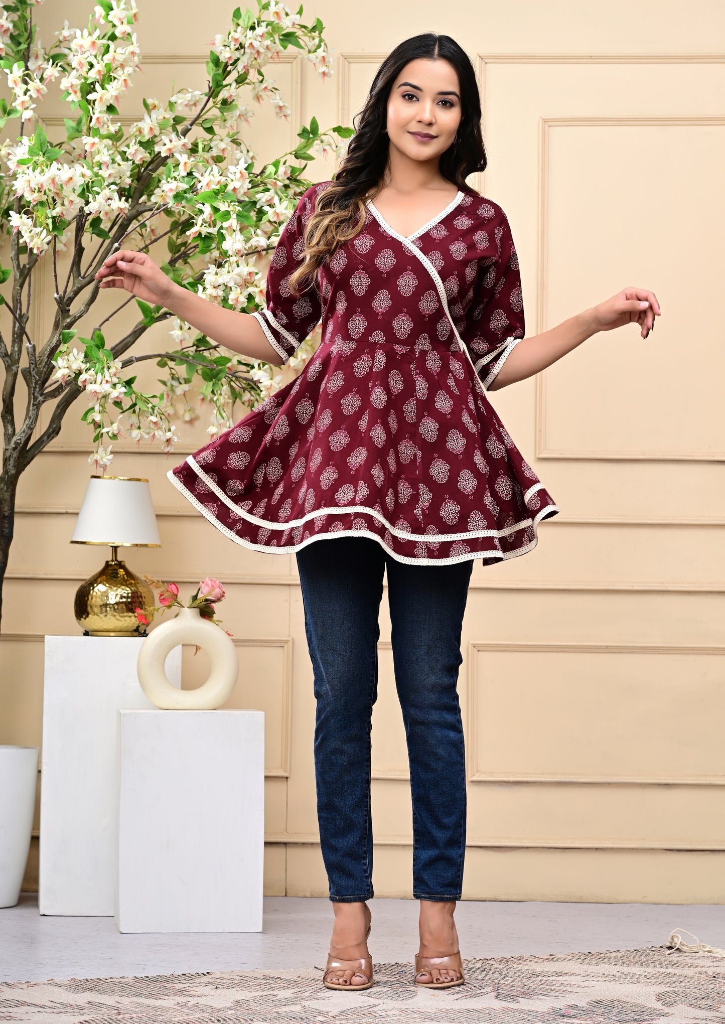 Women's Maroon Wrap Style Printed Cotton Top