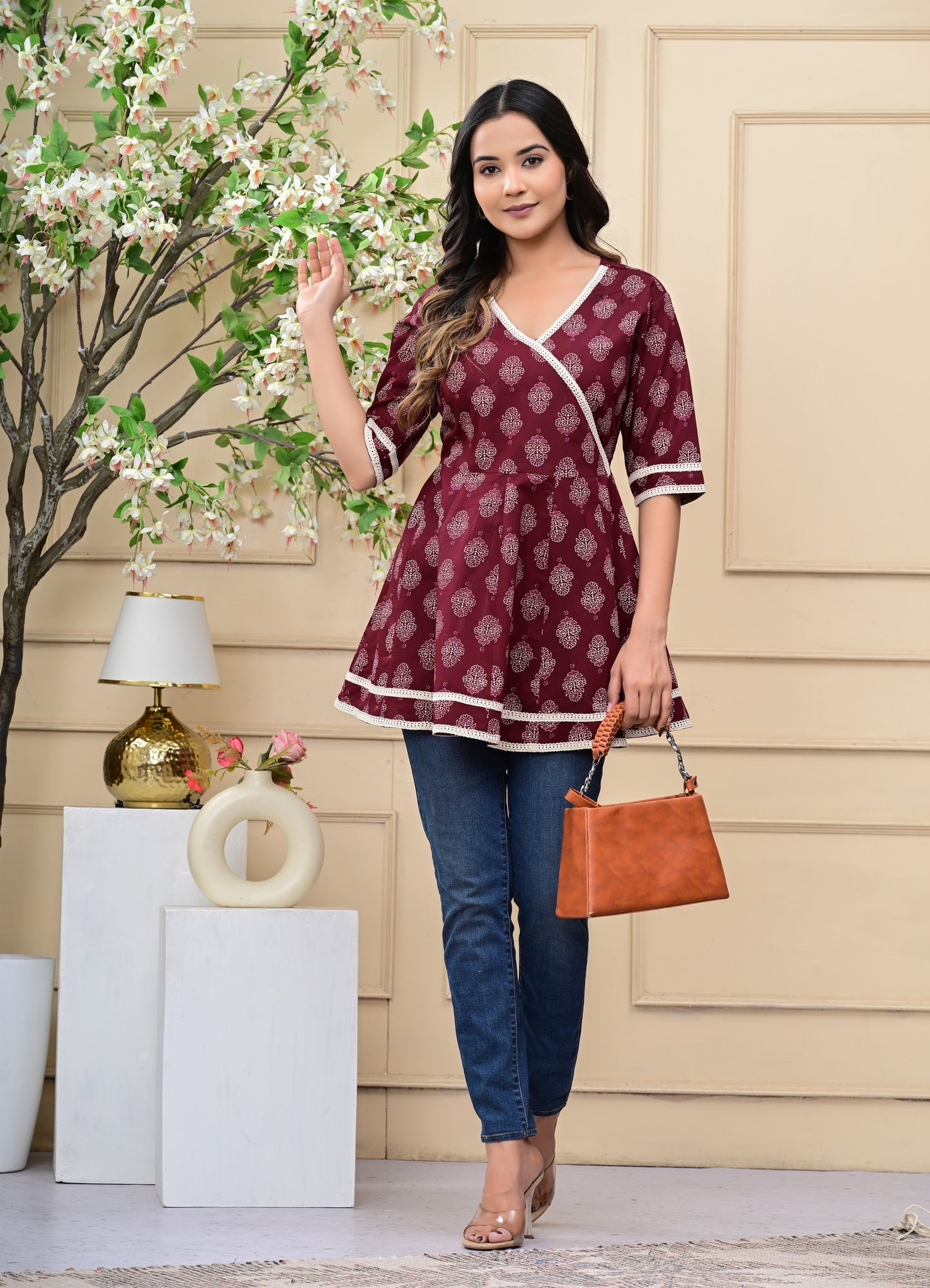 Women's Maroon Wrap Style Printed Cotton Top