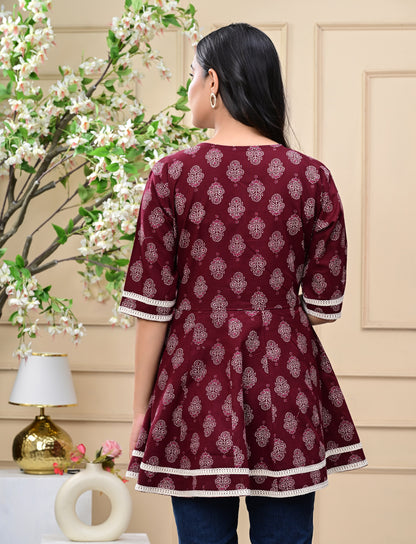 Women's Maroon Wrap Style Printed Cotton Top