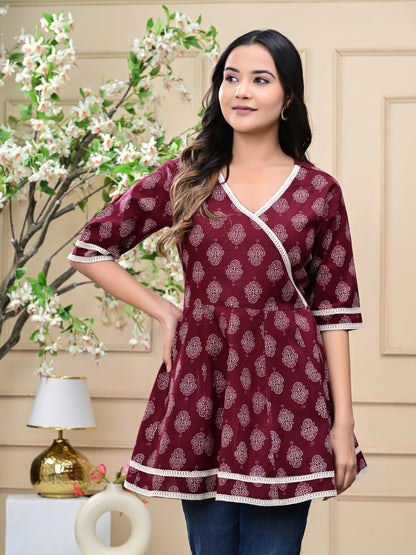 Women's Maroon Wrap Style Printed Cotton Top