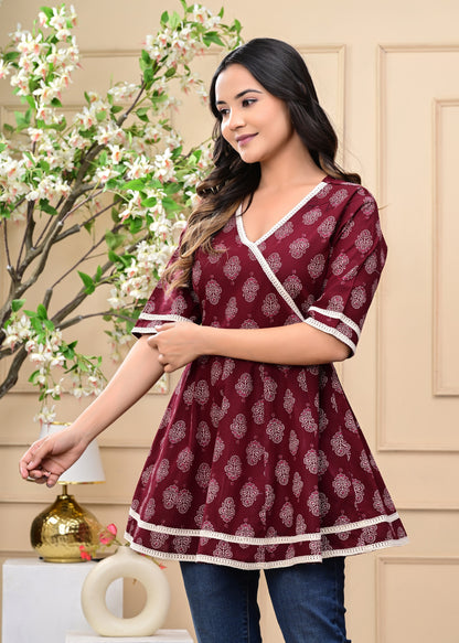 Women's Maroon Wrap Style Printed Cotton Top