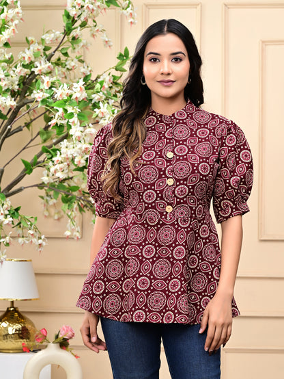 Maroon Fit & Flare Cotton Top with Puff Sleeves and Printed Design