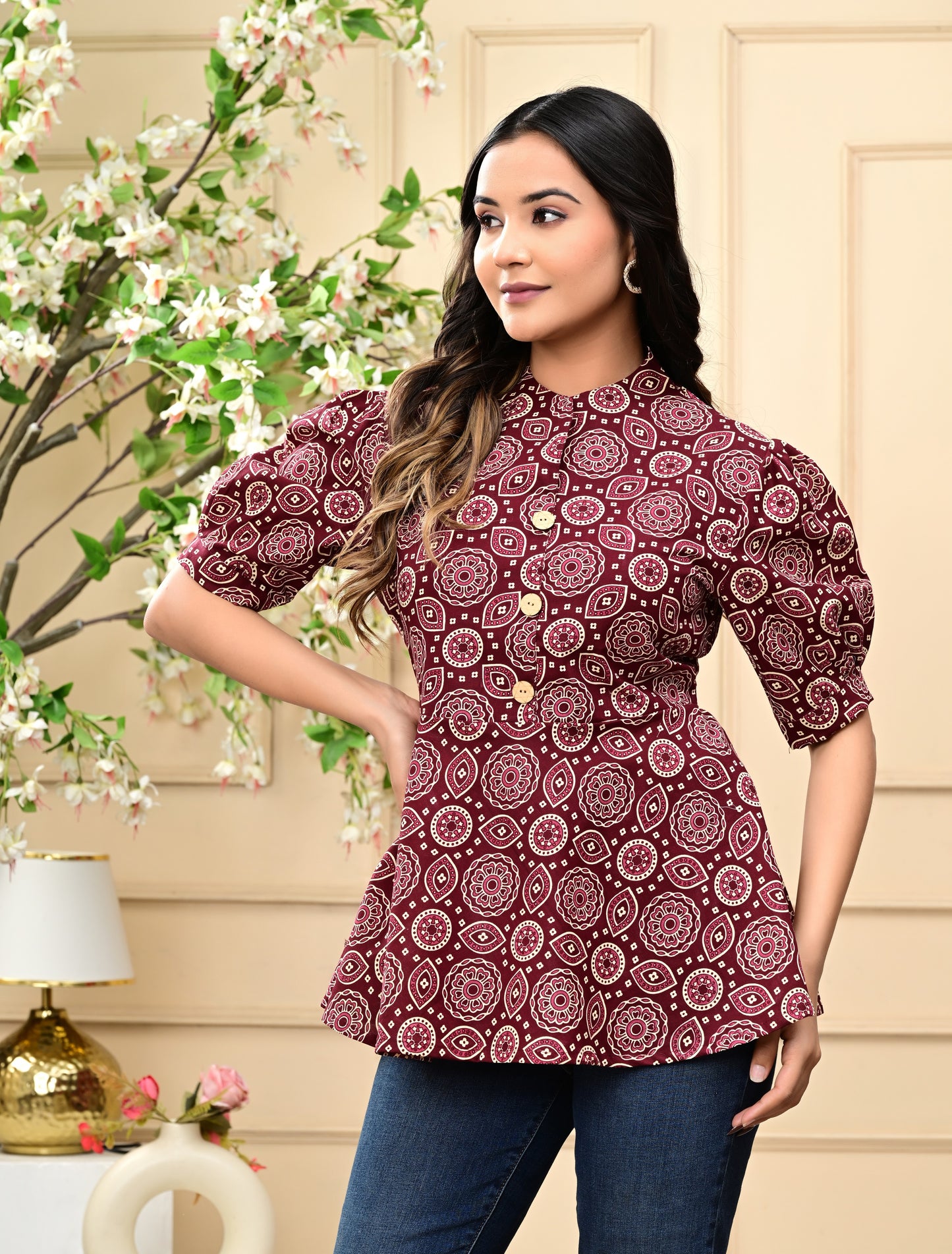 Maroon Fit & Flare Cotton Top with Puff Sleeves and Printed Design