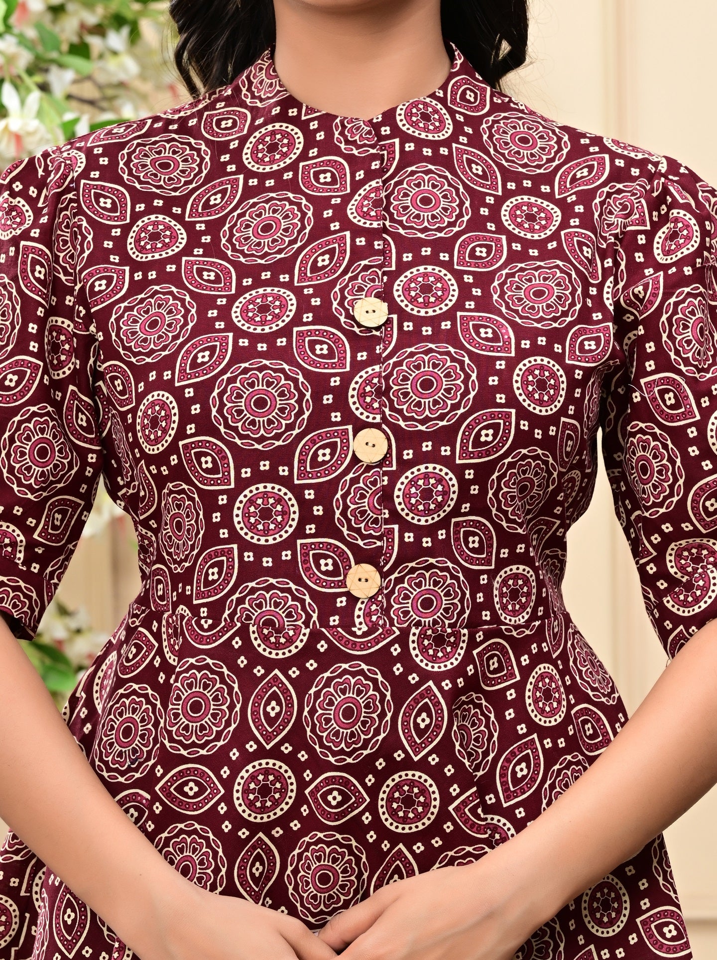 Maroon Fit & Flare Cotton Top with Puff Sleeves and Printed Design