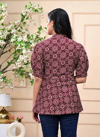Maroon Fit & Flare Cotton Top with Puff Sleeves and Printed Design