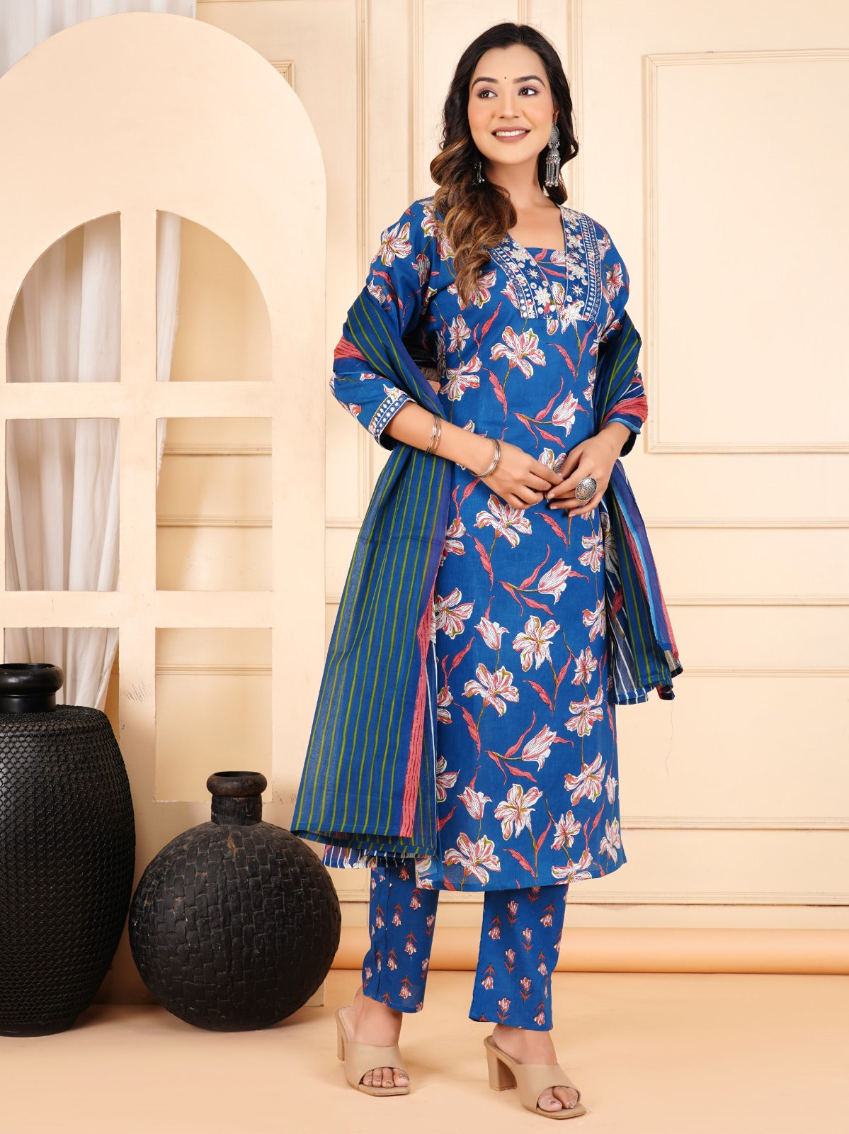 Bluer Colour Designer Printed Kurta with Pant and Dupatta