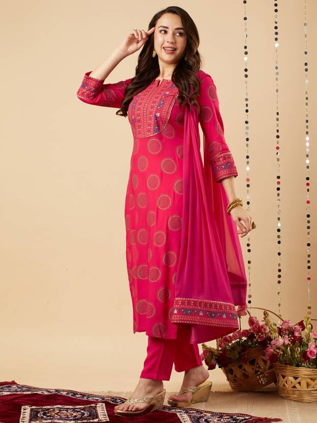 Elegant Rani Pink Embroidered Kurta Set with Dupatta for Women