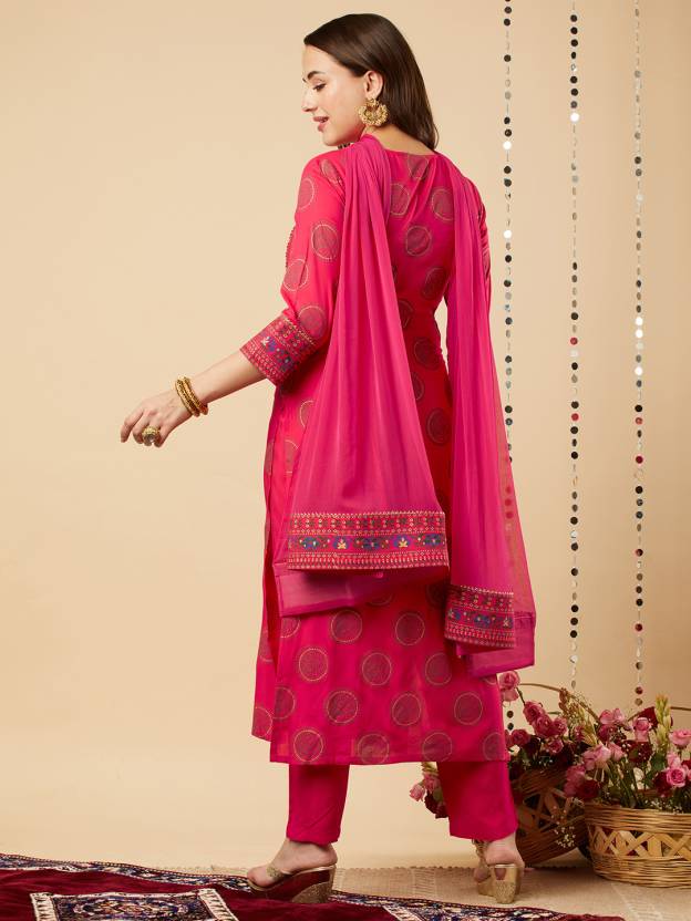 Elegant Rani Pink Embroidered Kurta Set with Dupatta for Women
