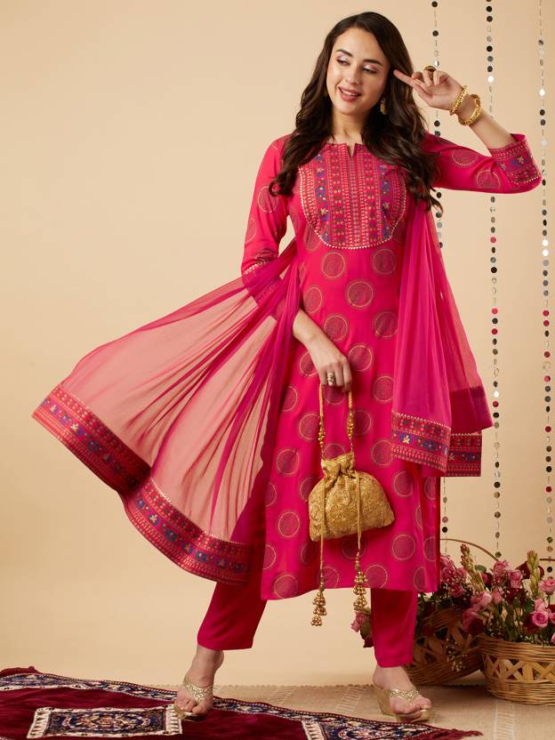 Elegant Rani Pink Embroidered Kurta Set with Dupatta for Women