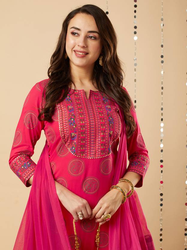 Elegant Rani Pink Embroidered Kurta Set with Dupatta for Women