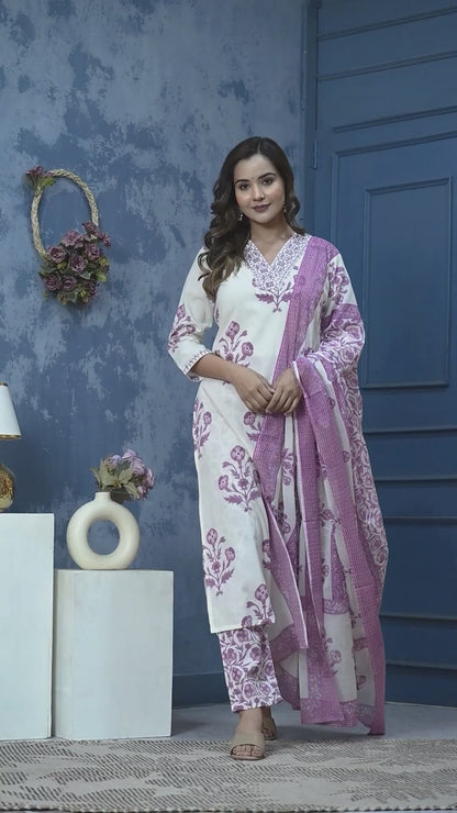 White & Pink Floral Printed Cotton Kurta Set with Dupatta