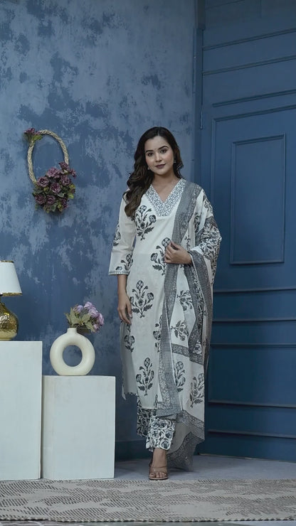 Elegant White & Black Floral Printed Cotton Kurta Set with Dupatta