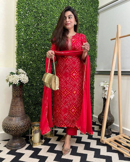 Red Colour Designer Printed Kurta with Pant and Dupatta